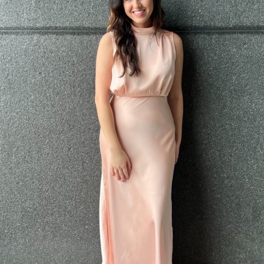 NWOT Classic Elegance Blush Satin Sleeveless Mock Neck Maxi Dress! - Picture 6 of 10